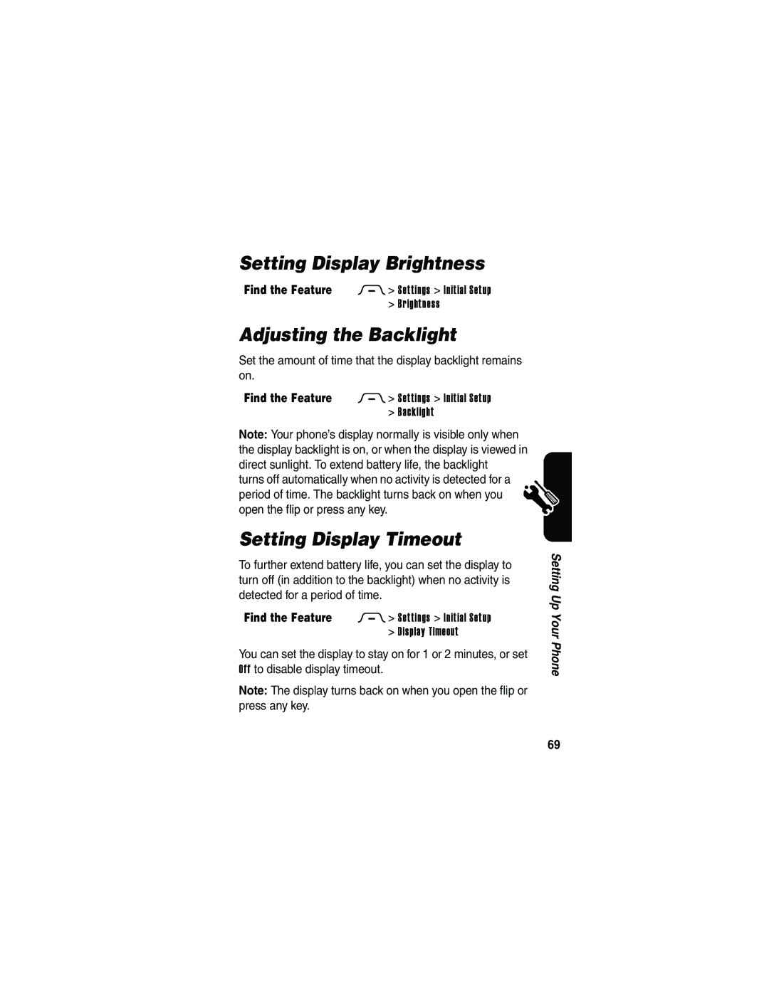 Motorola V3 manual Setting Display Brightness, Adjusting the Backlight, Setting Display Timeout 