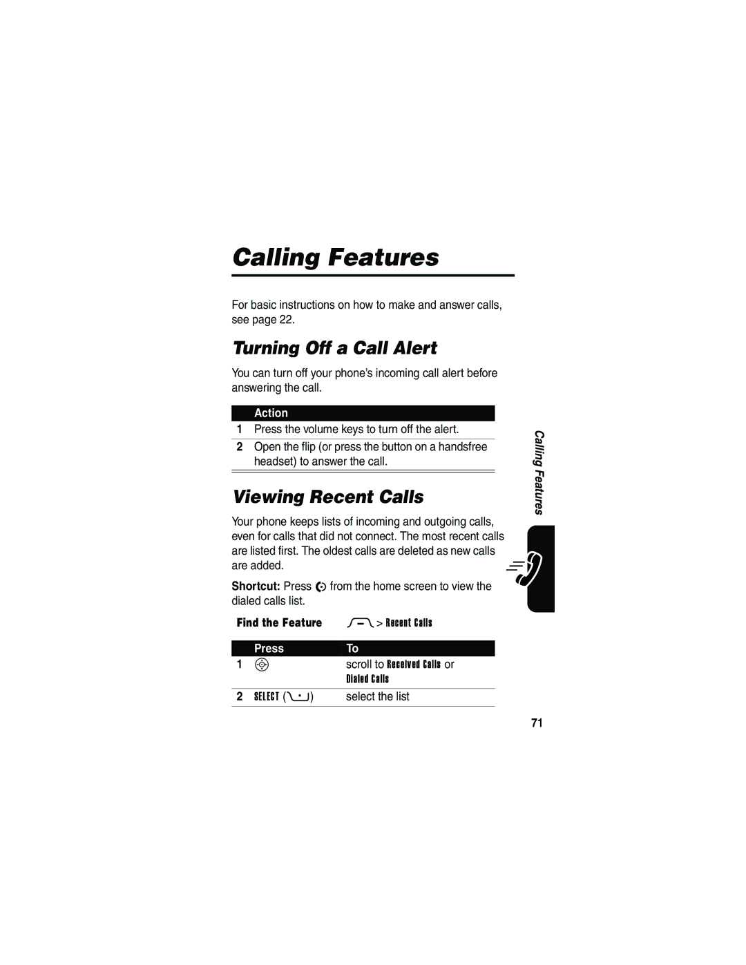 Motorola V3 manual Calling Features, Turning Off a Call Alert, Viewing Recent Calls, Select the list 