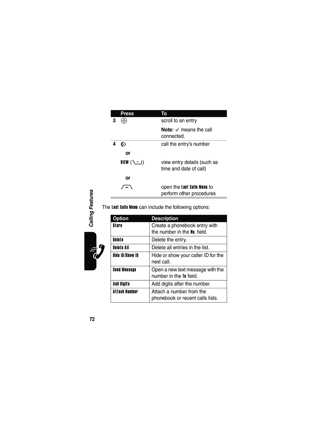 Motorola V3 Scroll to an entry, Connected, Call the entry’s number, View entry details such as, Time and date of call 