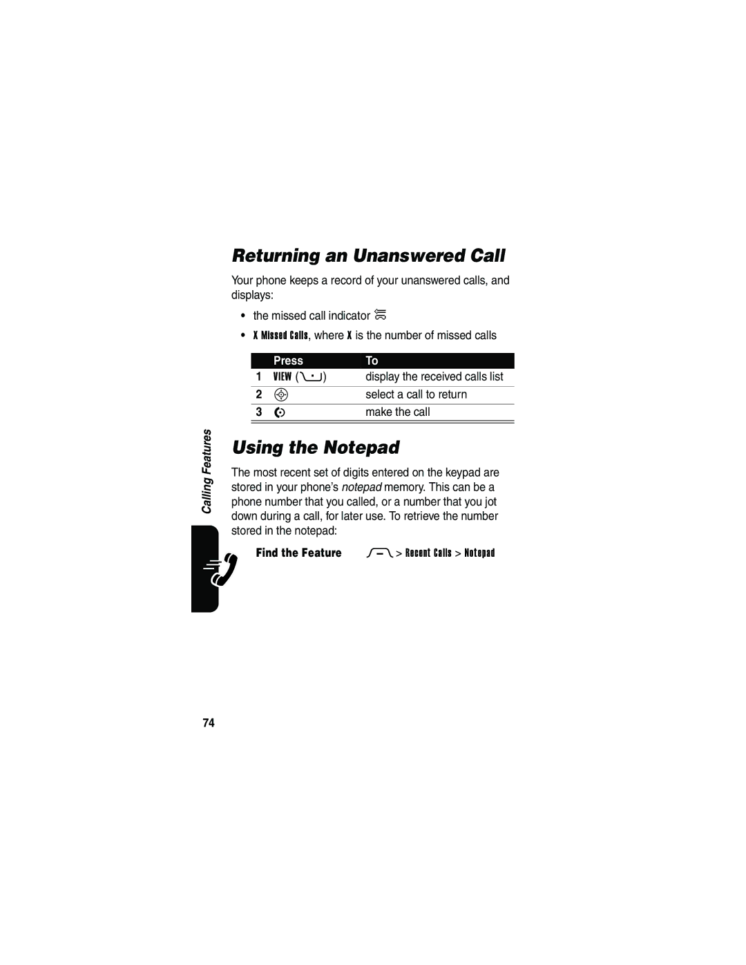 Motorola V3 manual Returning an Unanswered Call, Using the Notepad, Select a call to return, Make the call 