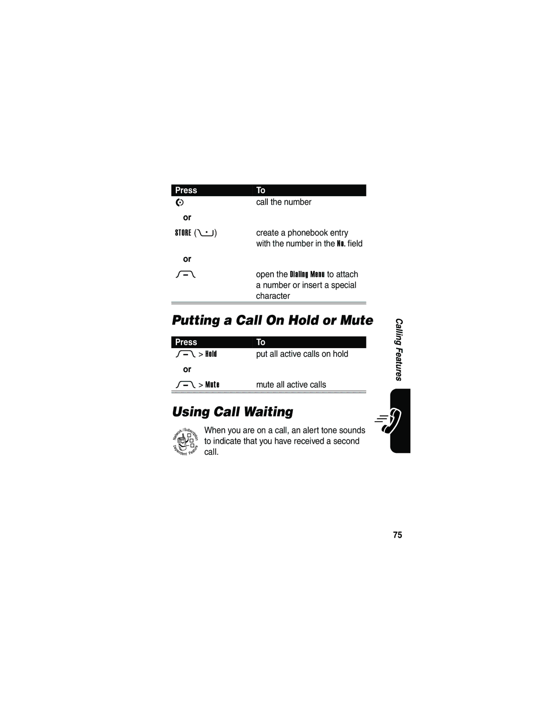 Motorola V3 manual Putting a Call On Hold or Mute, Using Call Waiting 