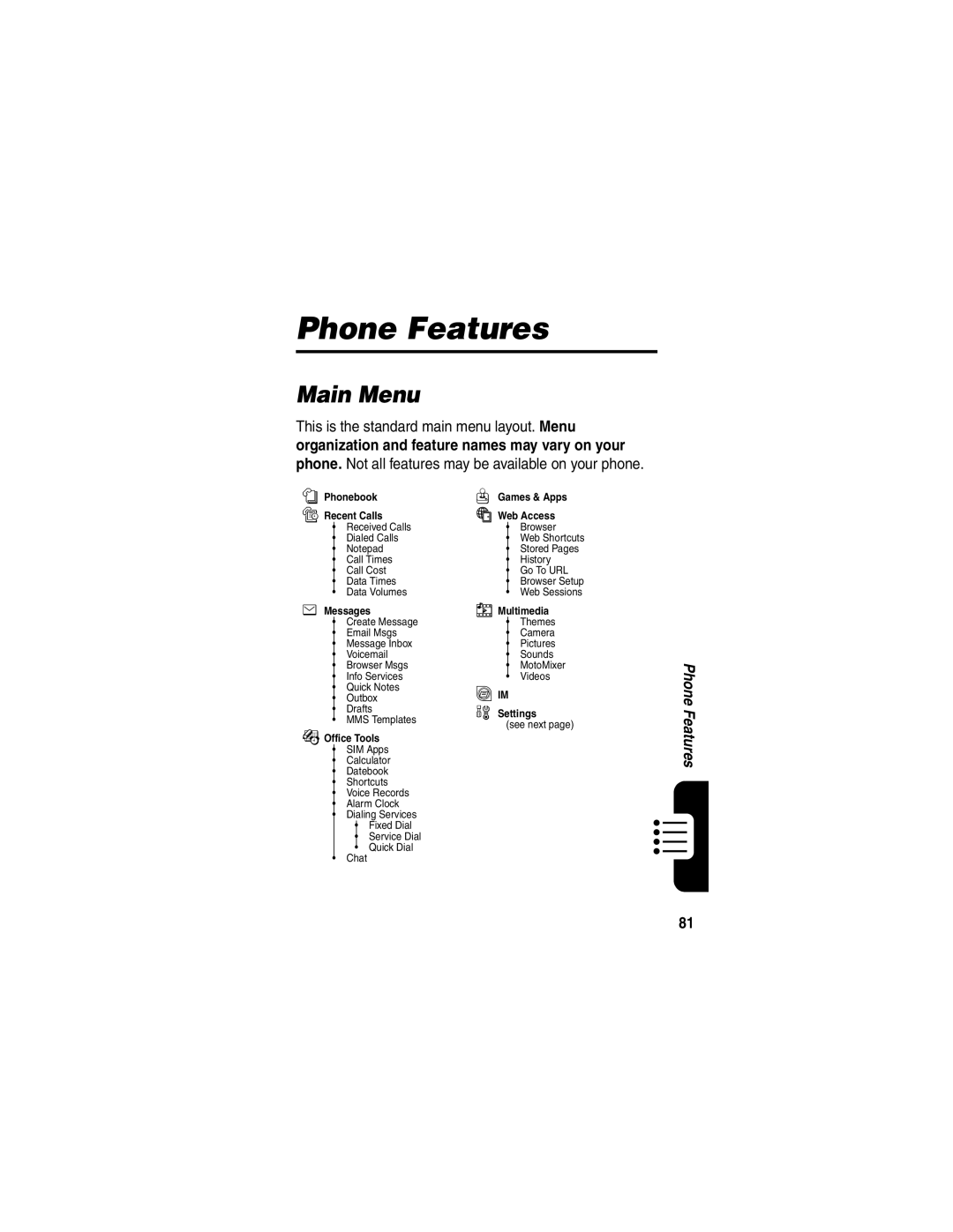 Motorola V3 manual Phone Features, Main Menu 