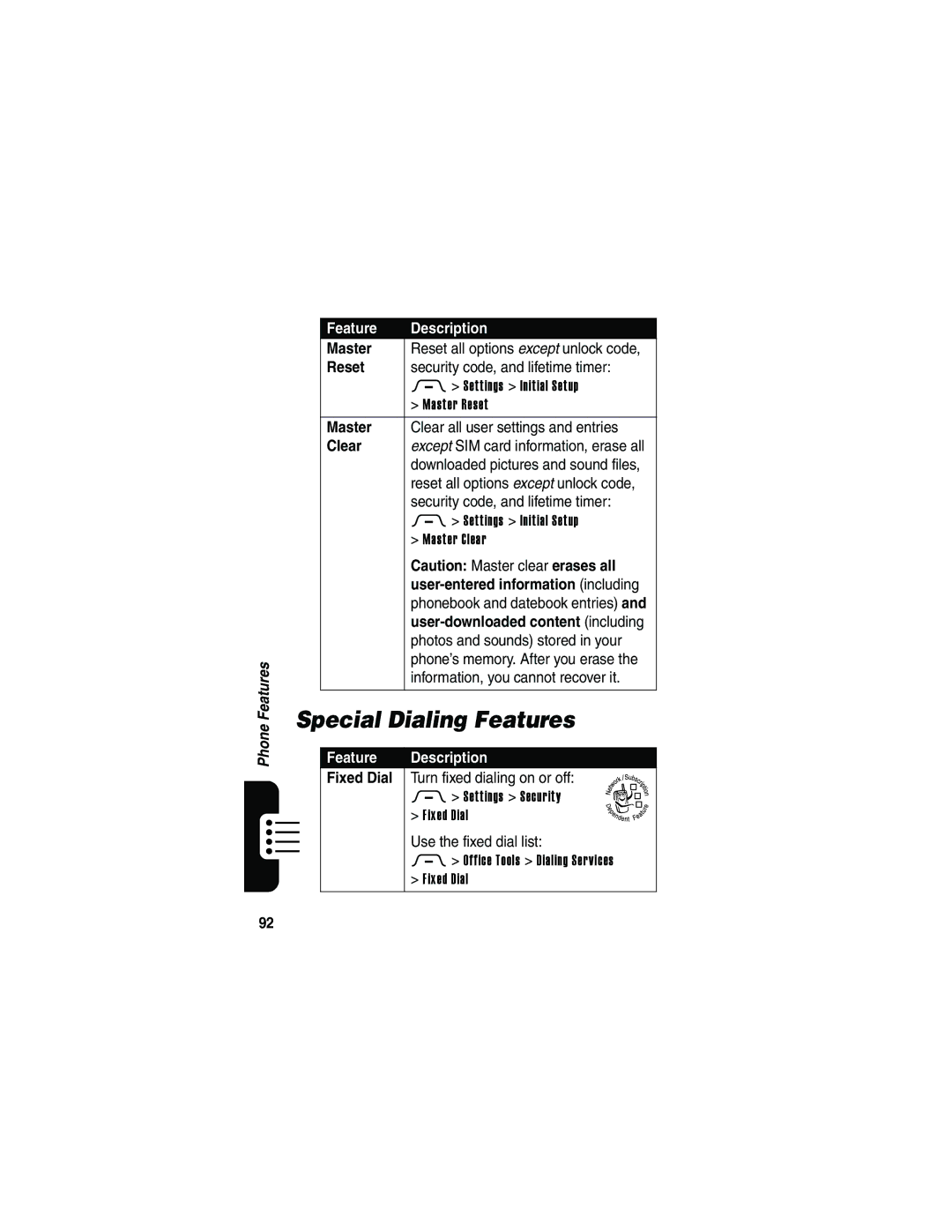 Motorola V3 manual Special Dialing Features, Master, Reset, Clear, Fixed Dial 