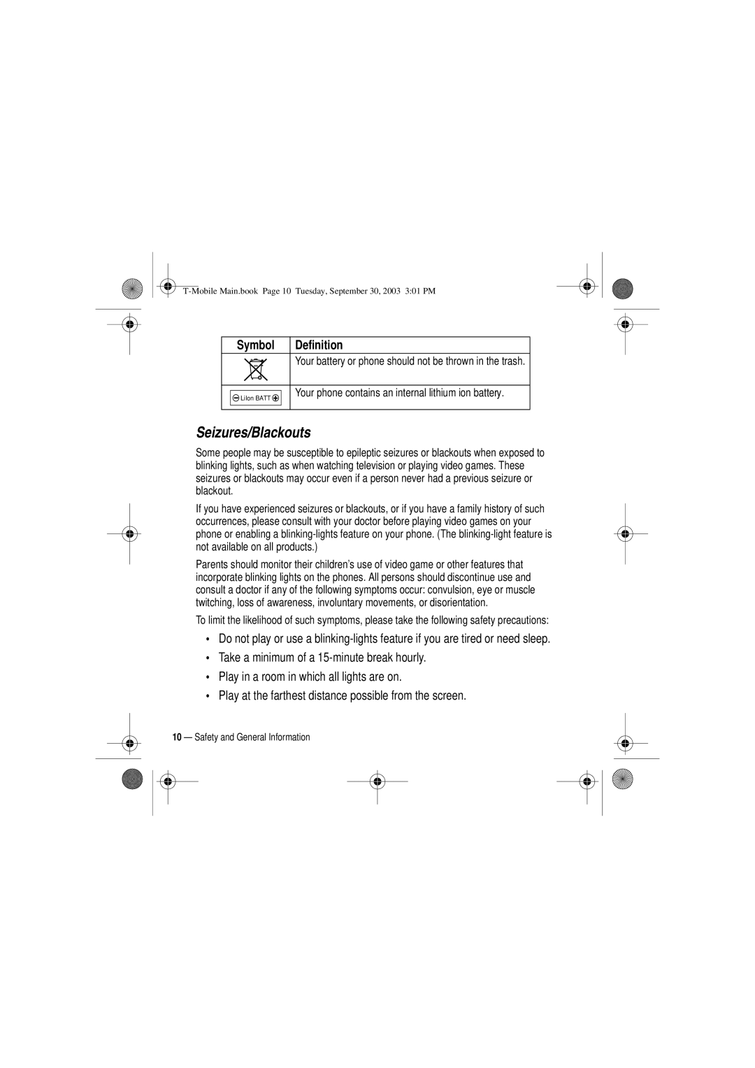 Motorola V300 manual Seizures/Blackouts 