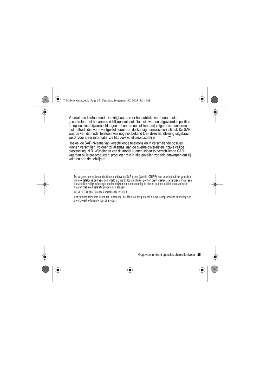 Motorola V300 manual Houden met eventuele afwijkingen bij m etingen 