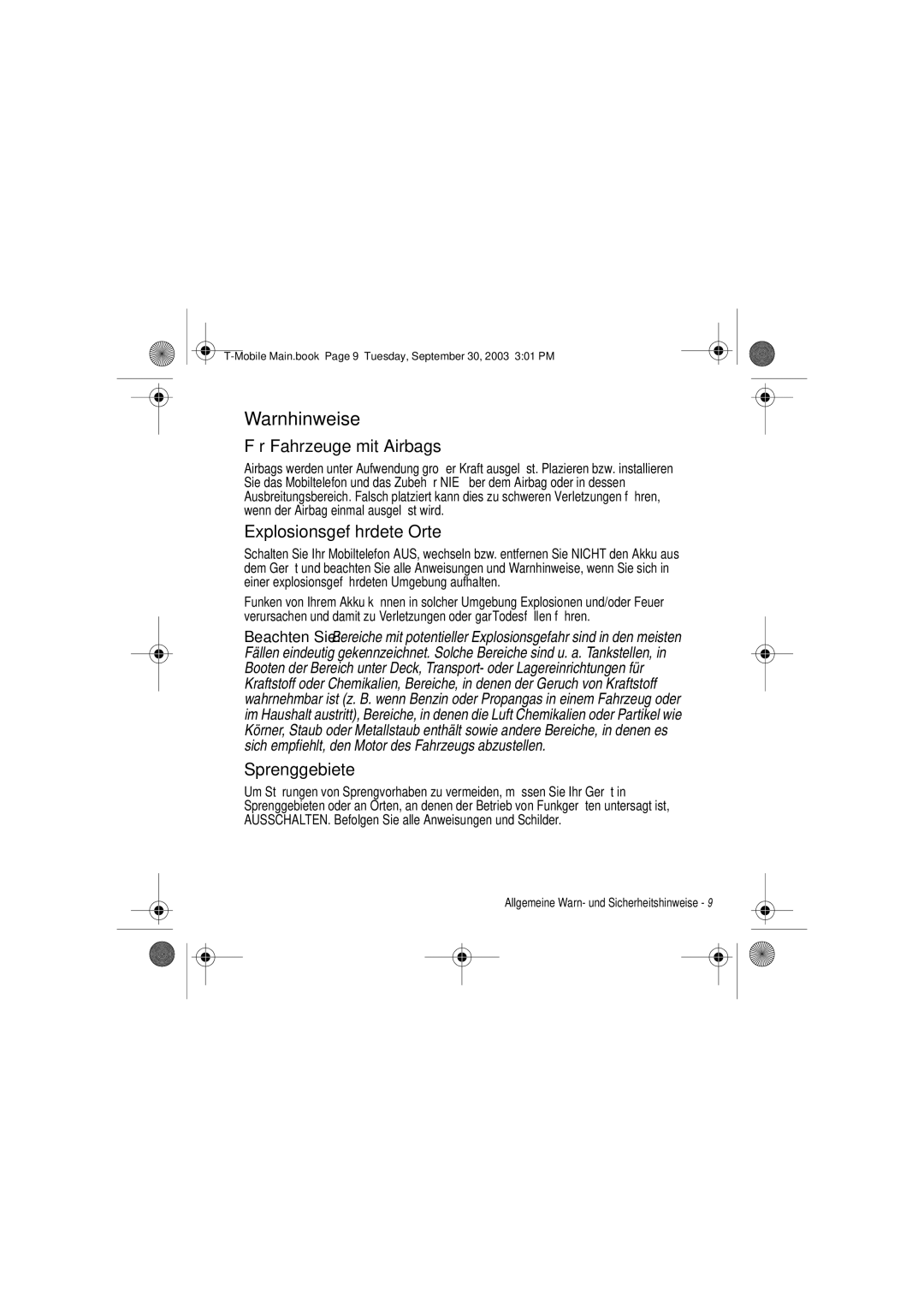 Motorola V300 manual Warnhinweise, Für Fahrzeuge mit Airbags, Explosionsgefährdete Orte, Sprenggebiete 