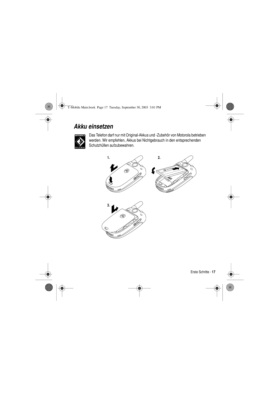 Motorola V300 manual Akku einsetzen 