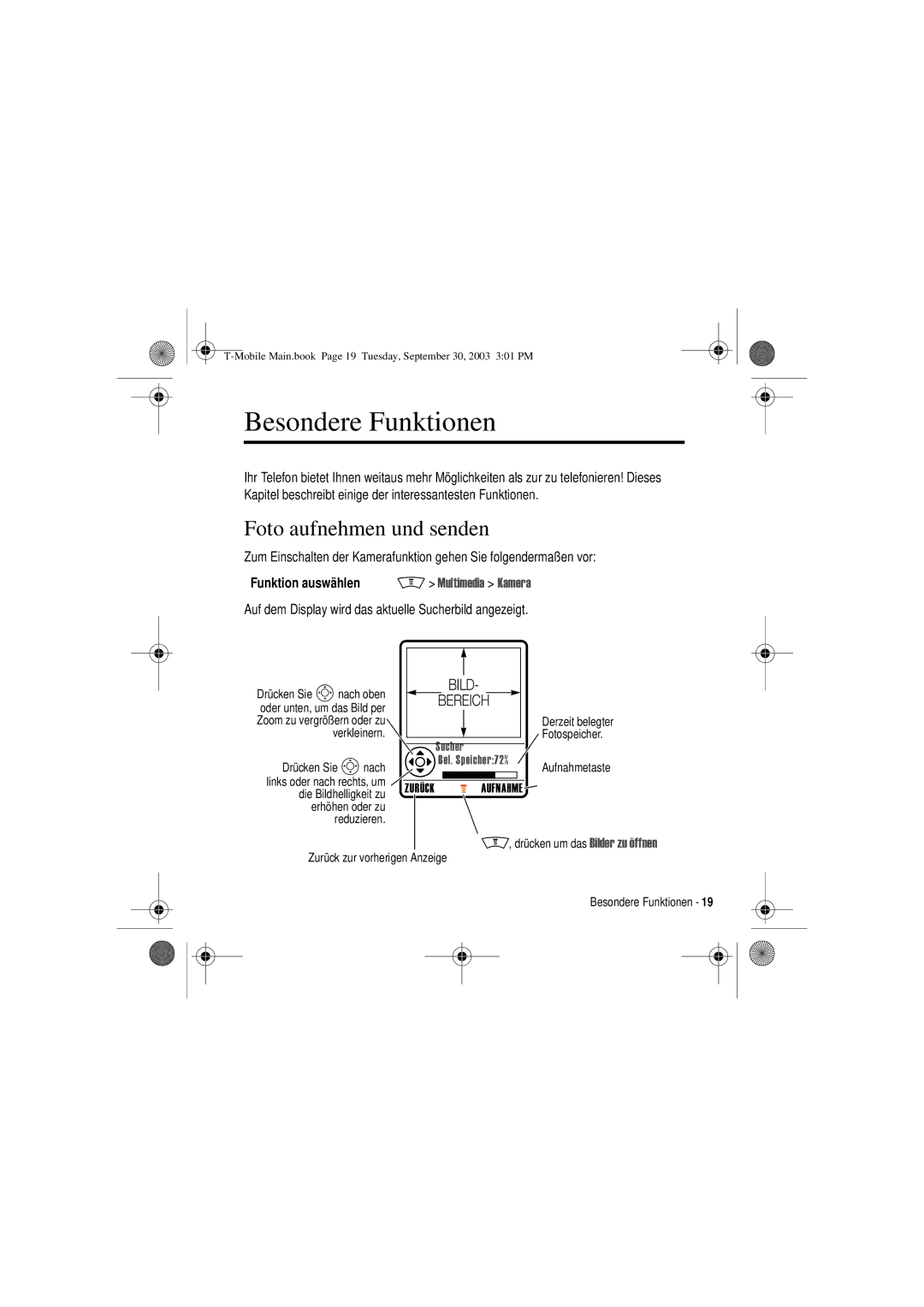 Motorola V300 manual Besondere Funktionen, Foto aufnehmen und senden, Funktion auswählen 