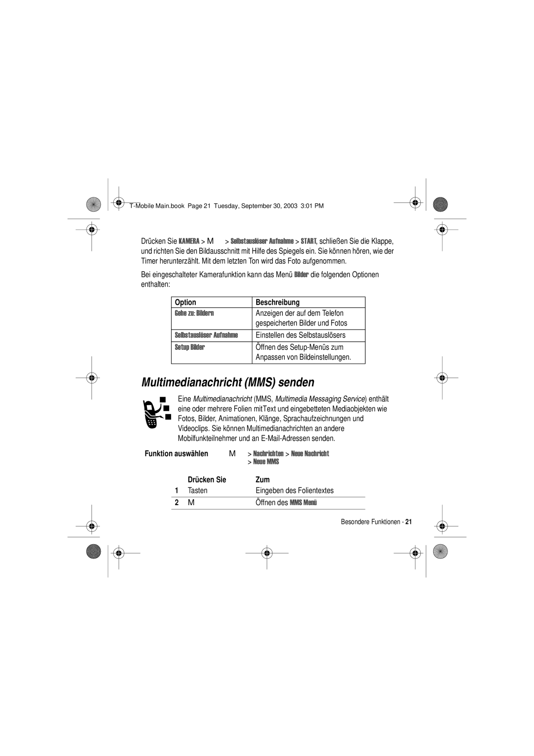 Motorola V300 manual Multimedianachricht MMS senden, Option Beschreibung, 6HWXS%LOGHU 