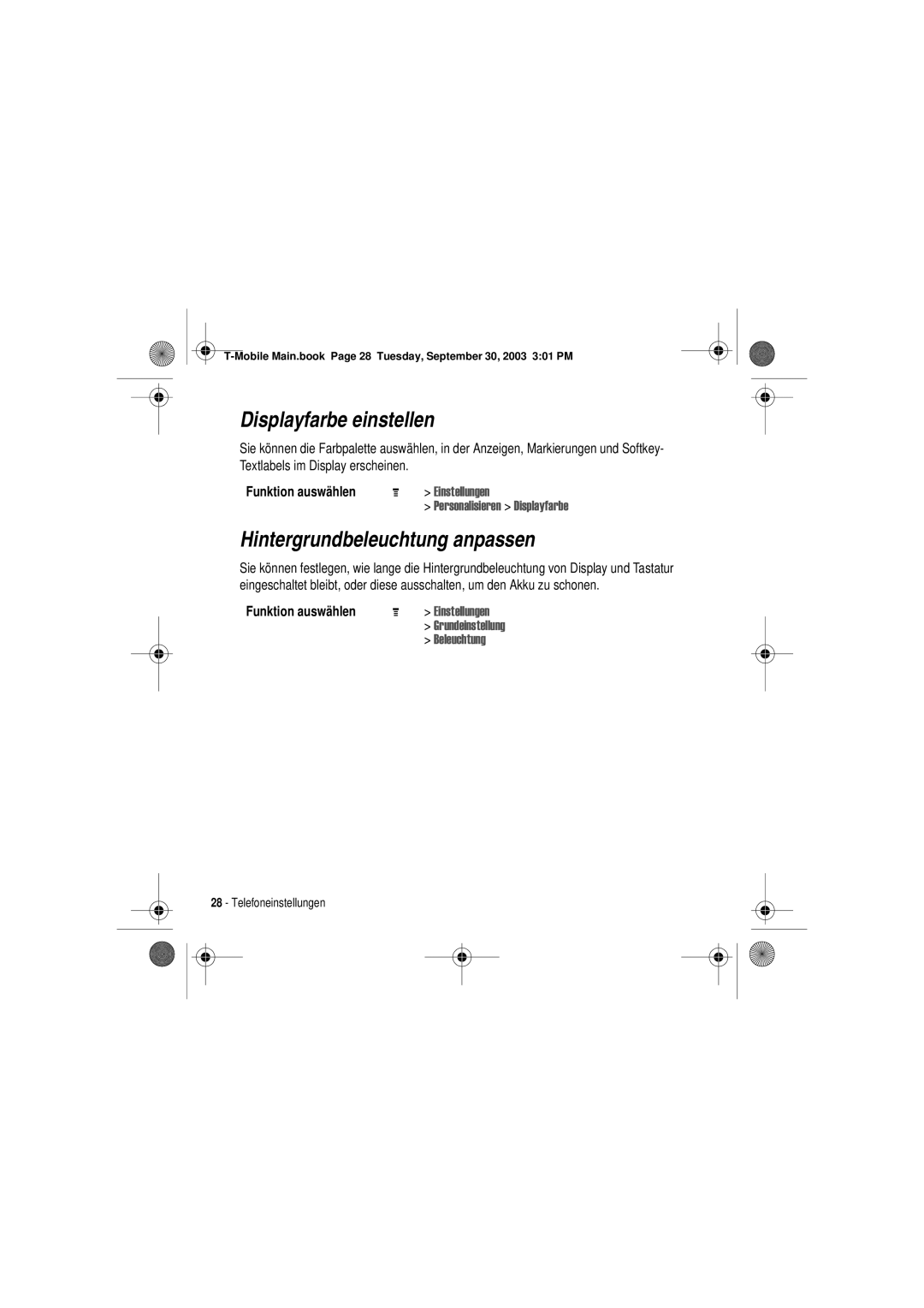 Motorola V300 manual Displayfarbe einstellen, Hintergrundbeleuchtung anpassen 