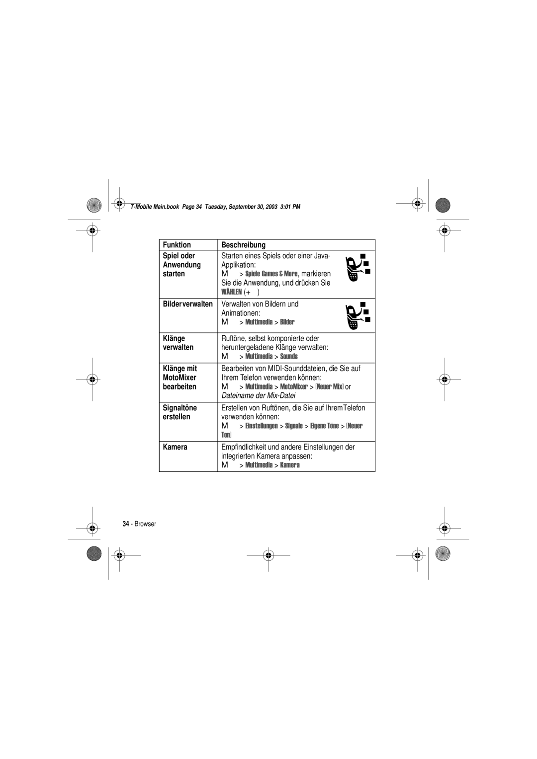 Motorola V300 manual Funktion Beschreibung Spiel oder, Verwalten, Klänge mit, Bearbeiten, Signaltöne, Erstellen, Kamera 