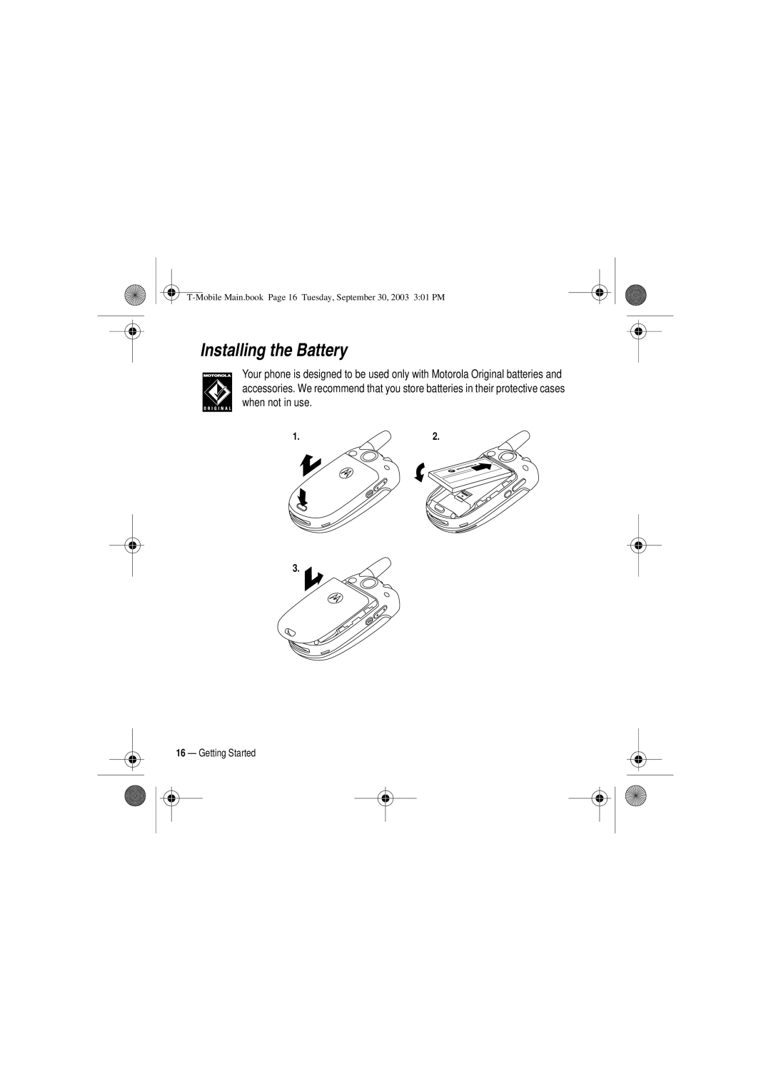 Motorola V300 manual Installing the Battery 