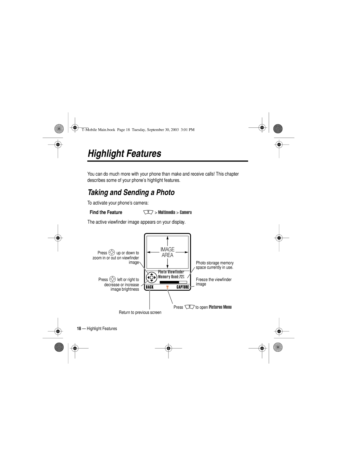 Motorola V300 manual Highlight Features, Taking and Sending a Photo, Find the Feature, Area 