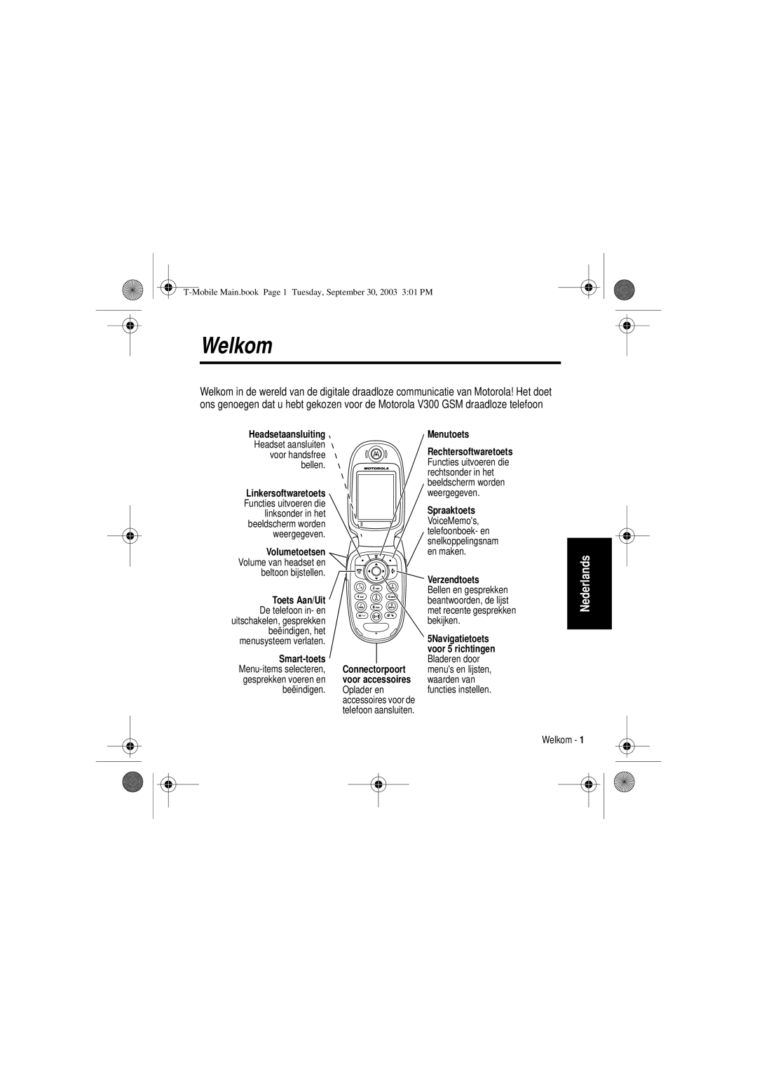 Motorola V300 manual Welkom, Menutoets 