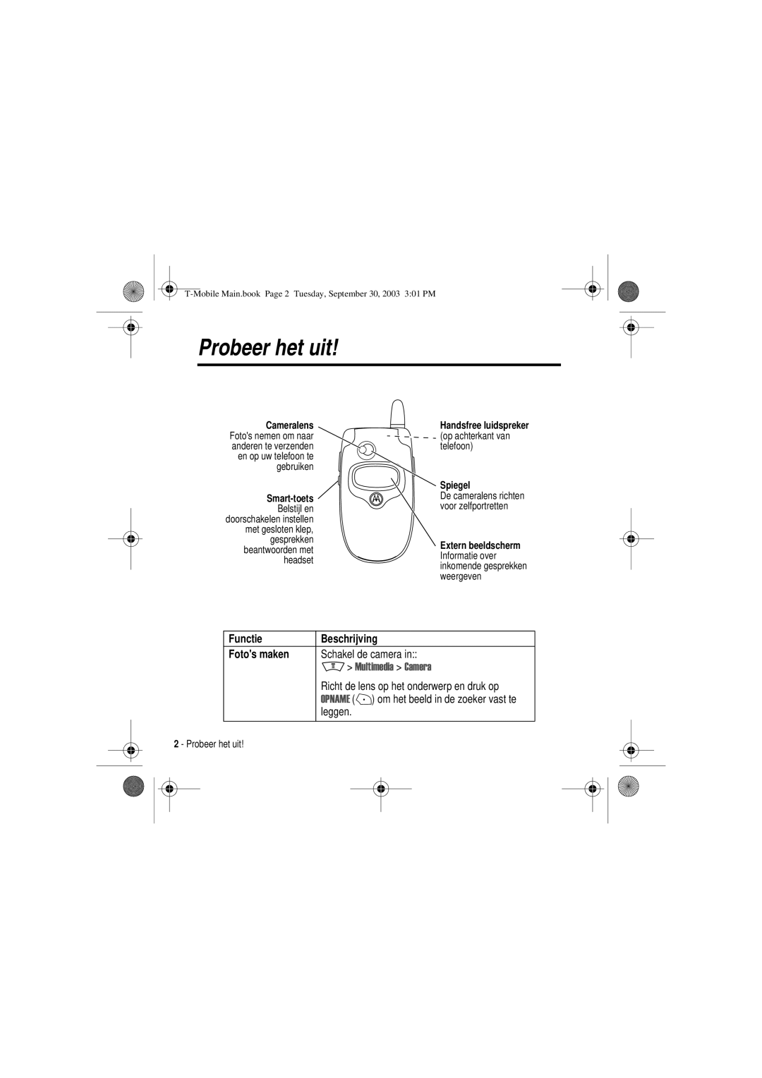 Motorola V300 manual Probeer het uit, Functie Beschrijving Fotos maken 