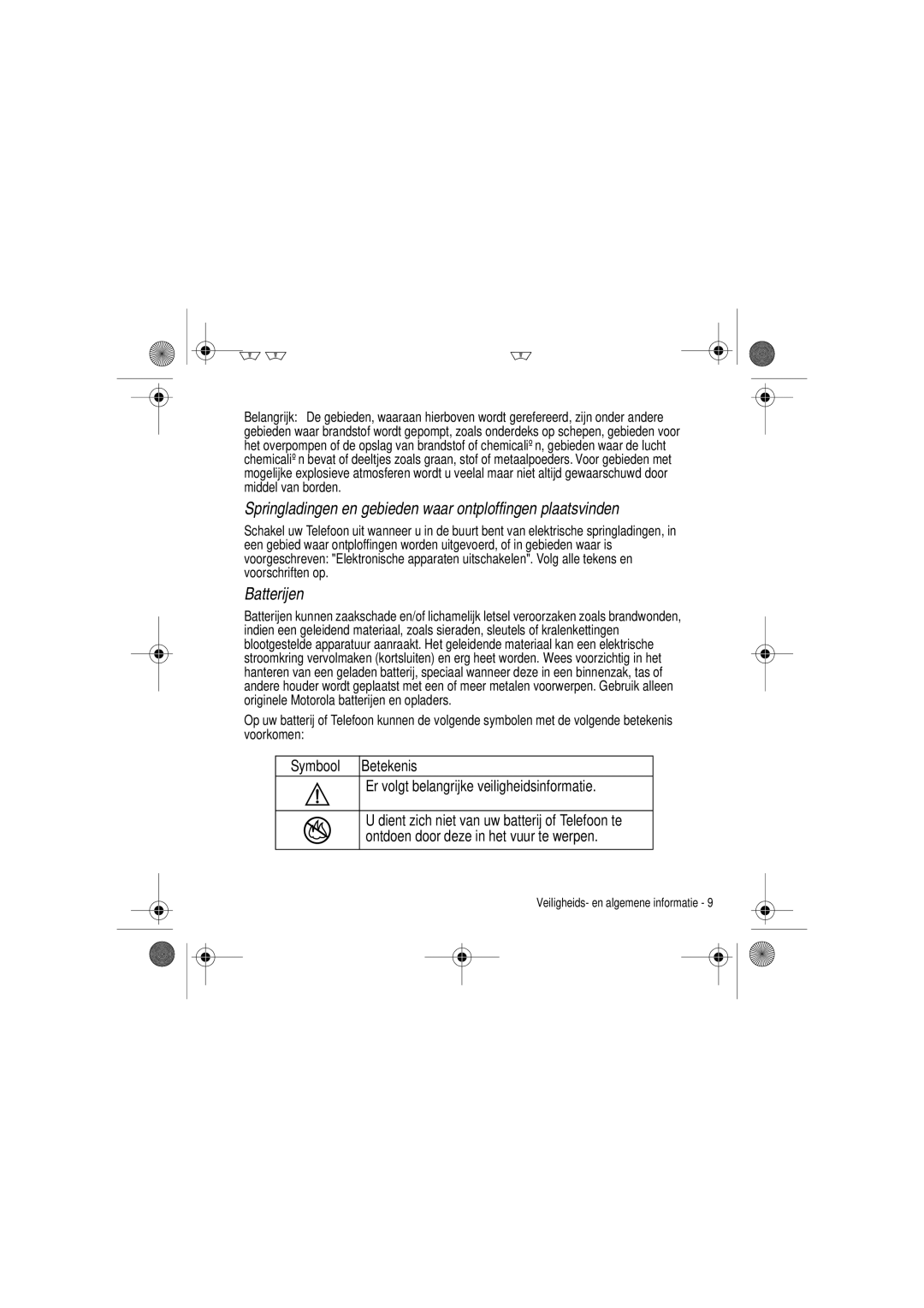 Motorola V300 manual Springladingen en gebieden waar ontploffingen plaatsvinden, Batterijen 