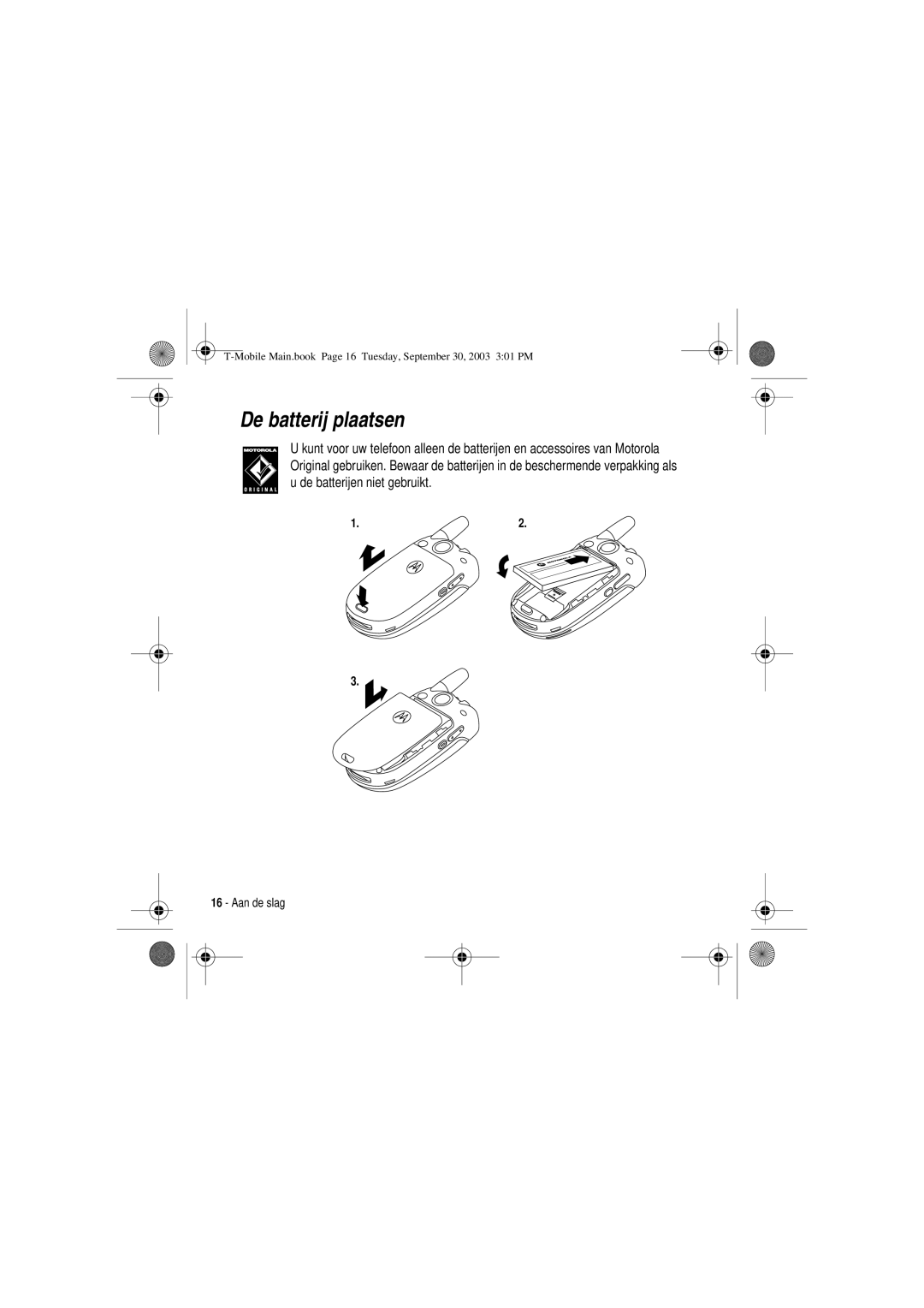 Motorola V300 manual De batterij plaatsen 