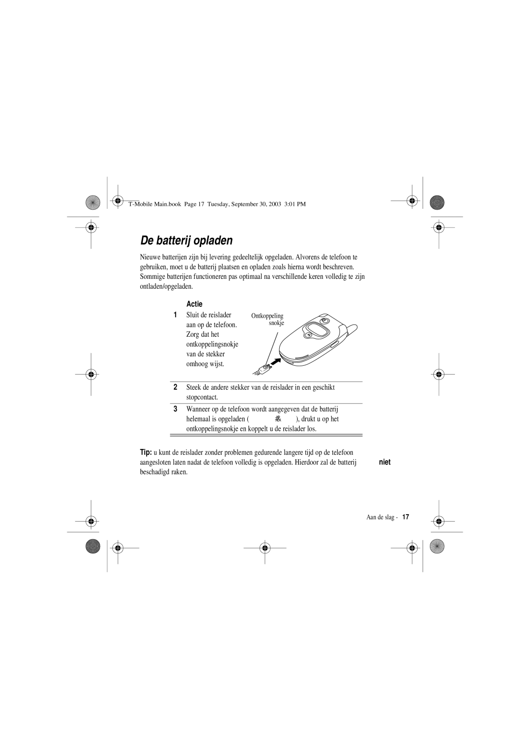 Motorola V300 manual De batterij opladen, Actie 