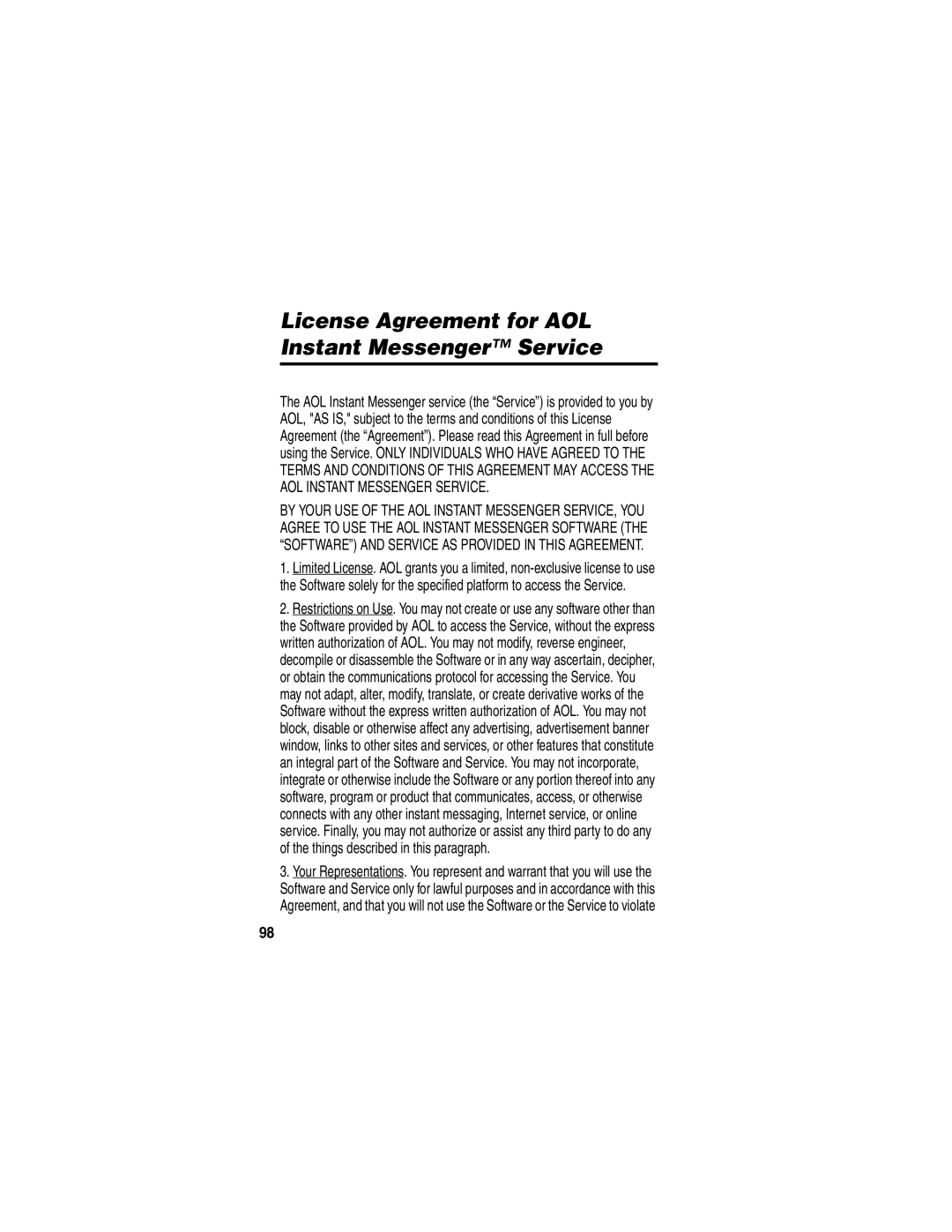 Motorola V300 manual License Agreement for AOL Instant Messenger Service 