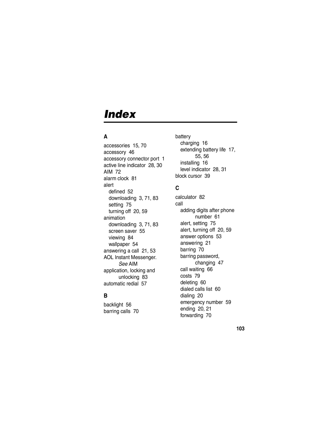 Motorola V300 manual Index, 103 