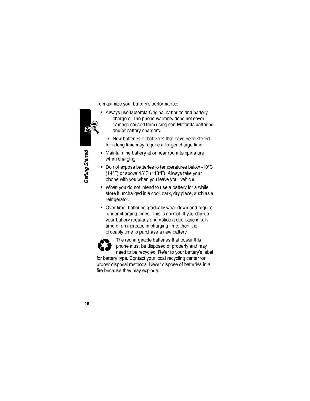 Motorola V300 manual To maximize your battery’s performance, Rechargeable batteries that power this 