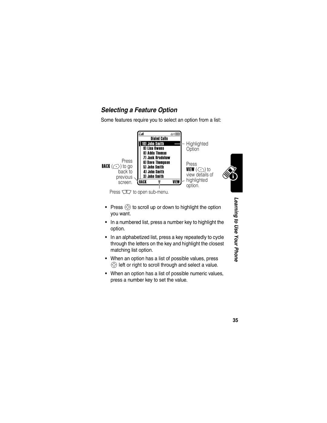 Motorola V300 manual Selecting a Feature Option 