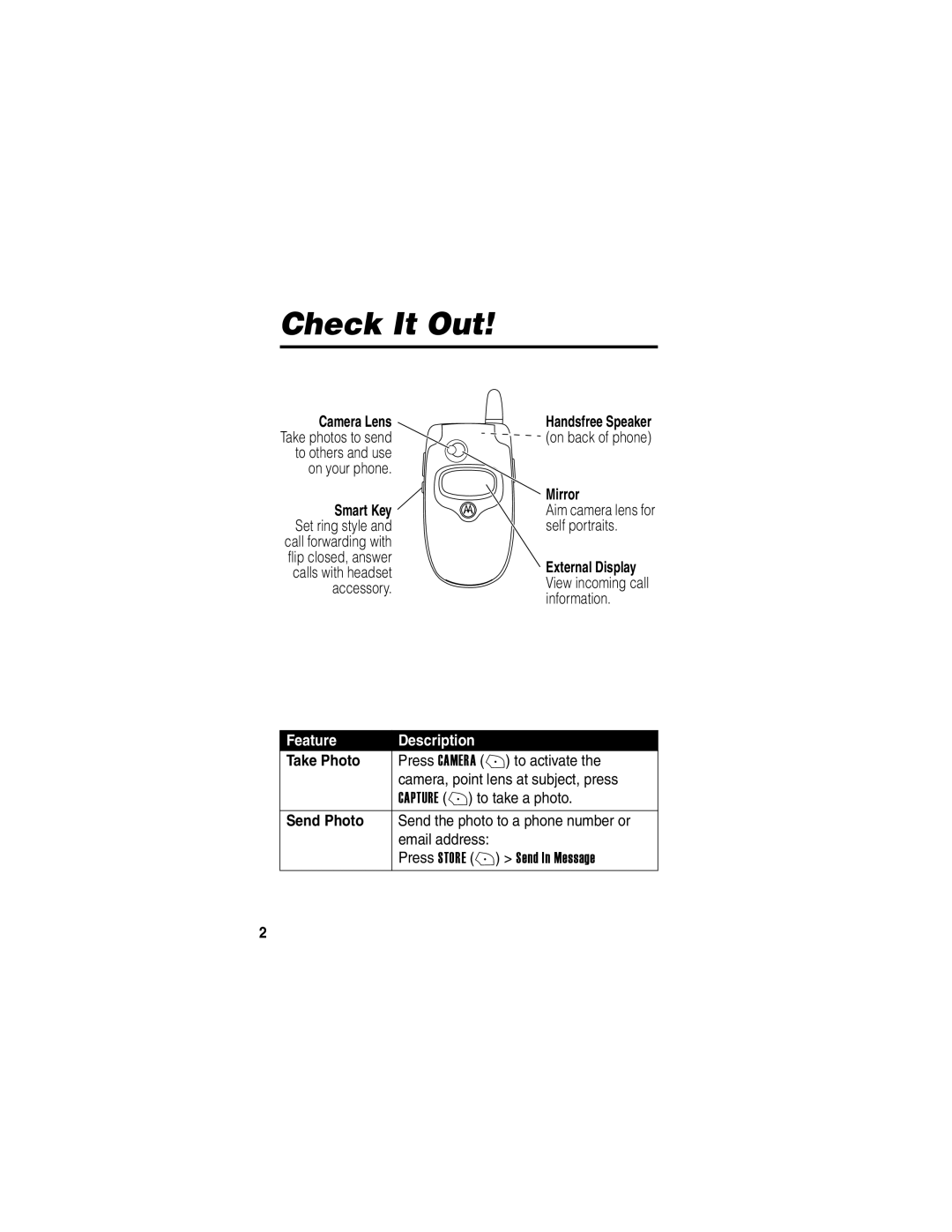 Motorola V300 manual Check It Out, Handsfree Speaker, Mirror, Take Photo, Send Photo 