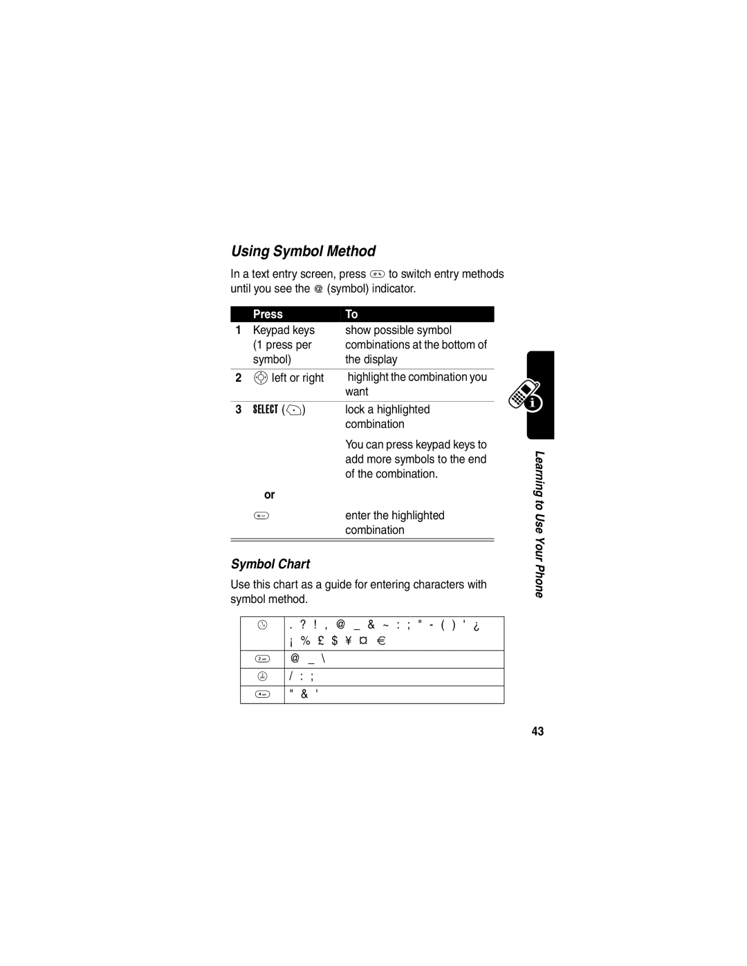 Motorola V300 Using Symbol Method, Symbol Chart, Keypad keys Show possible symbol Press per, Symbol Display Sleft or right 