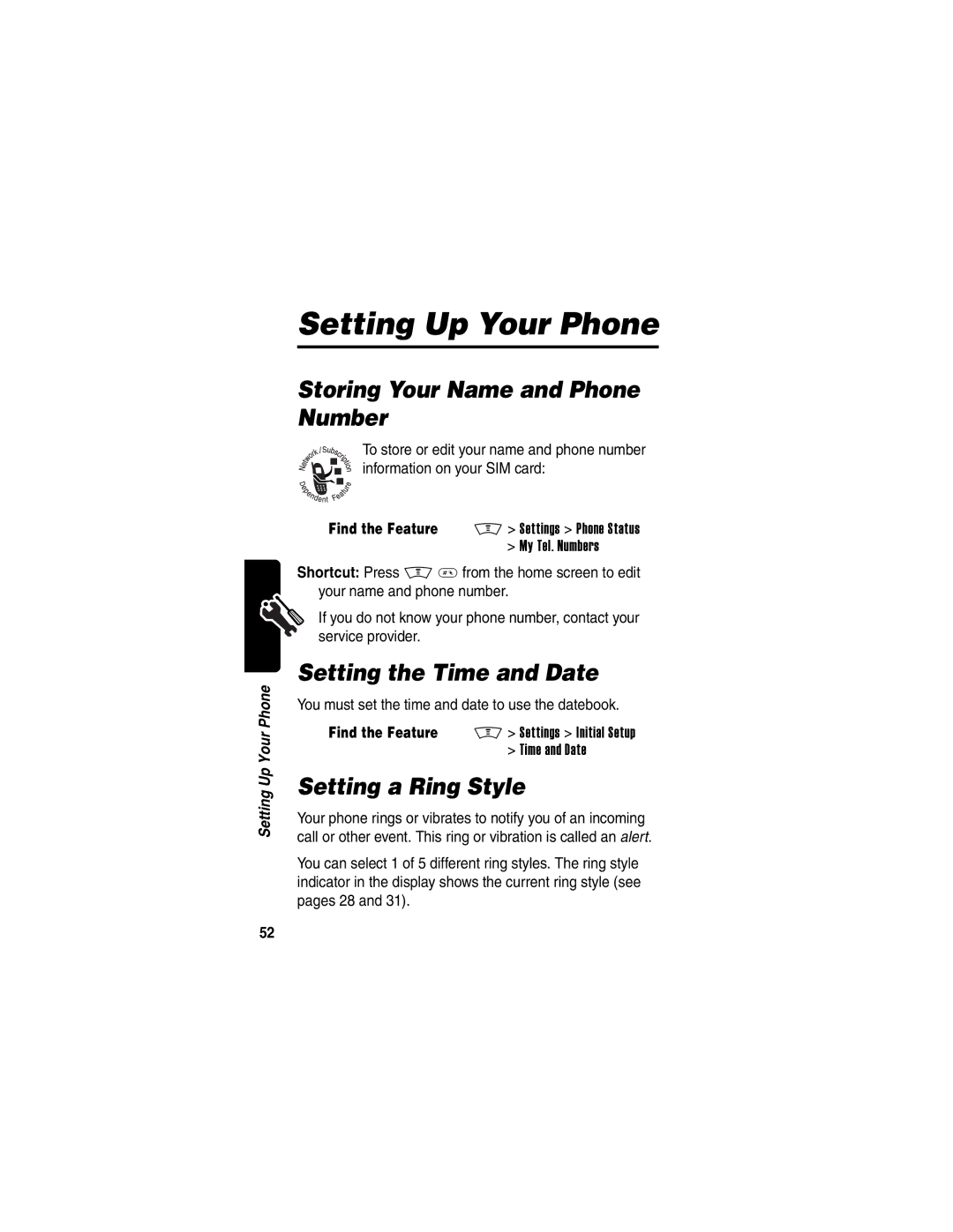 Motorola V300 Setting Up Your Phone, Storing Your Name and Phone Number, Setting the Time and Date, Setting a Ring Style 