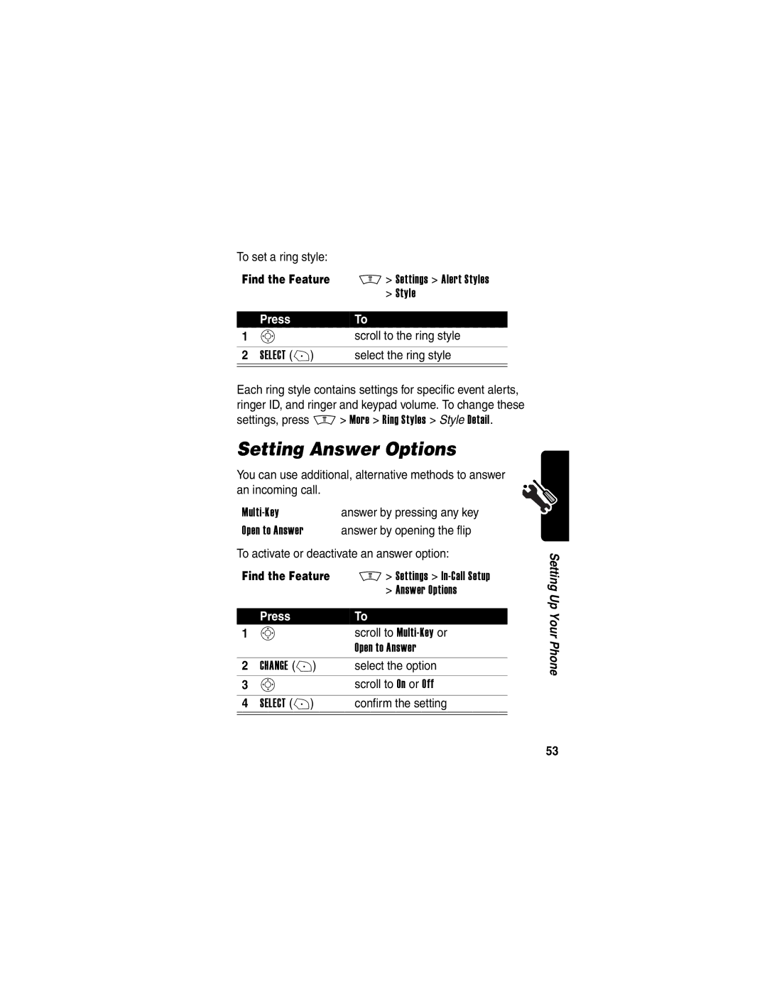 Motorola V300 manual Setting Answer Options 