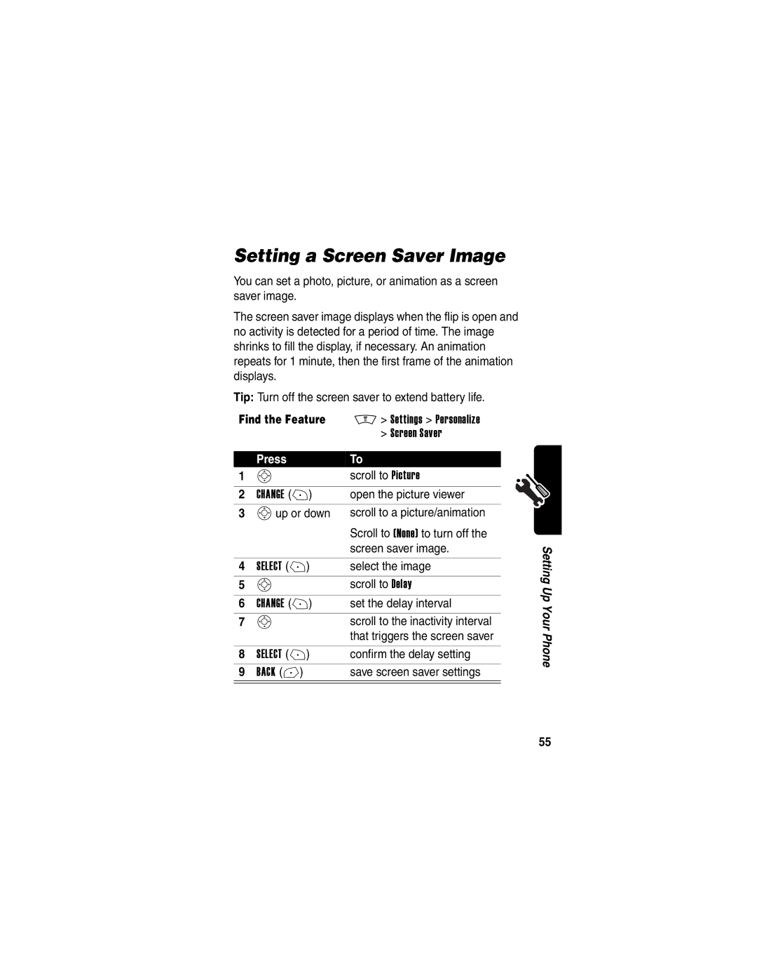 Motorola V300 manual Setting a Screen Saver Image, Scroll to Delay, Set the delay interval, Confirm the delay setting 