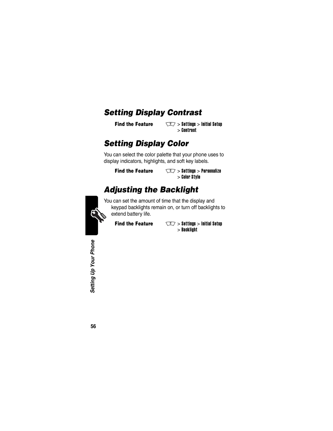 Motorola V300 manual Setting Display Contrast, Setting Display Color, Adjusting the Backlight 