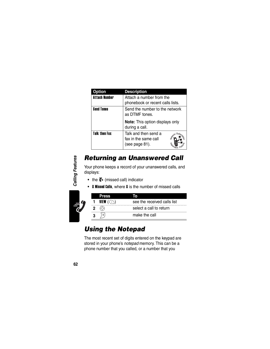 Motorola V300 manual Returning an Unanswered Call, Using the Notepad 