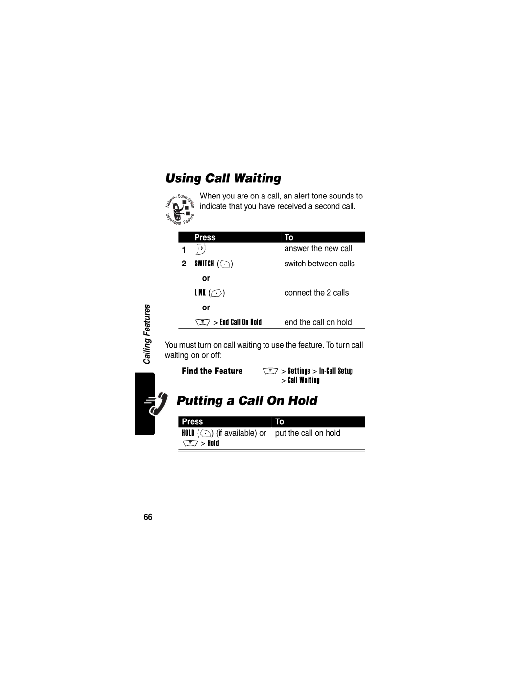 Motorola V300 manual Using Call Waiting, Putting a Call On Hold 