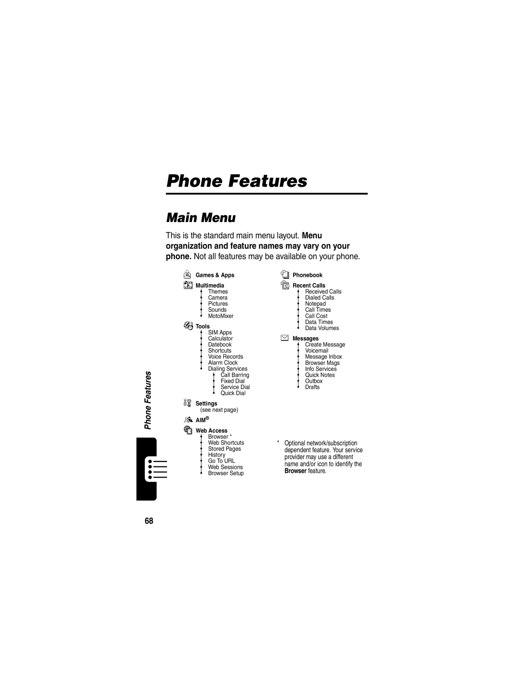 Motorola V300 manual Phone Features, Main Menu 