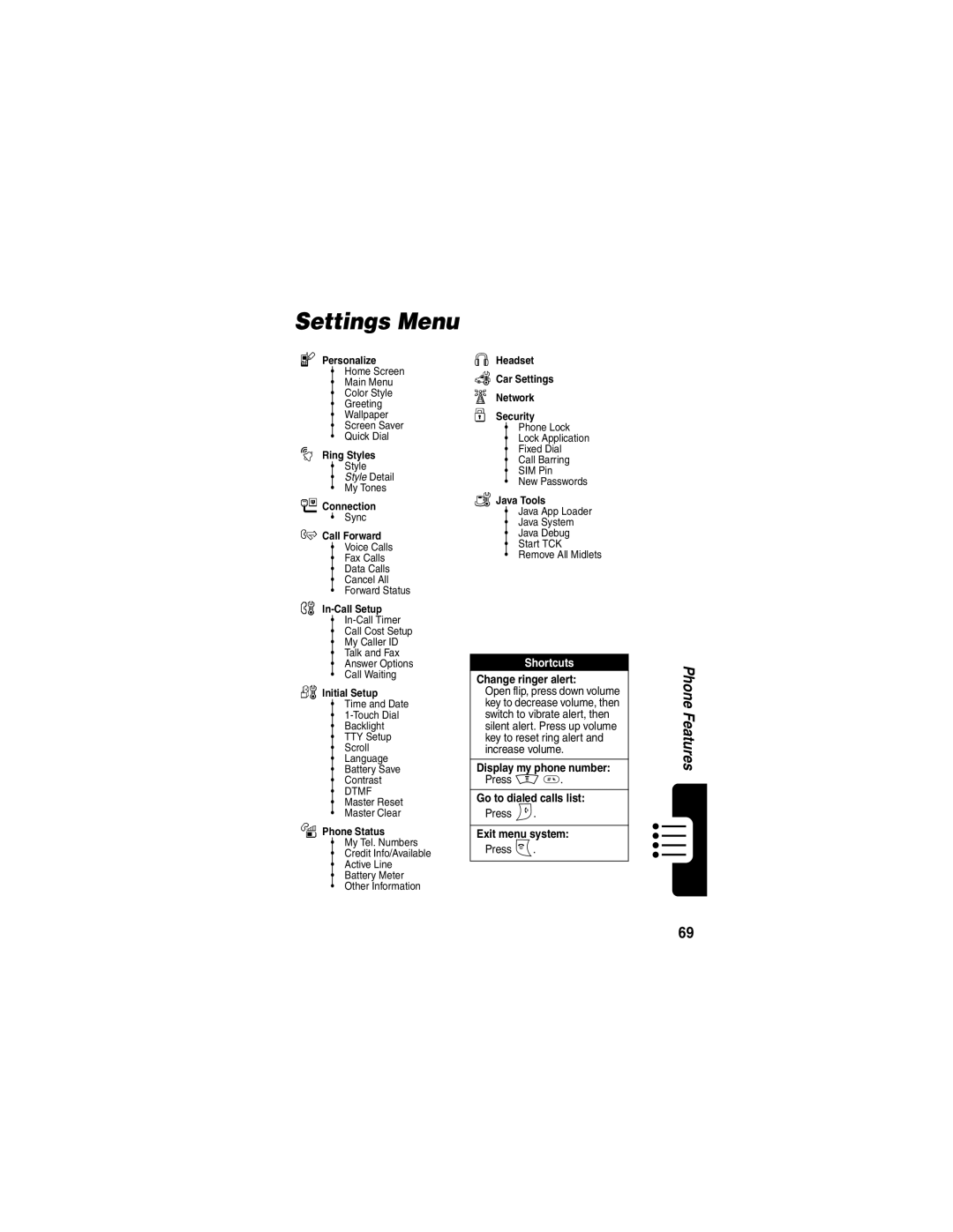 Motorola V300 manual Settings Menu, Initial Setup 