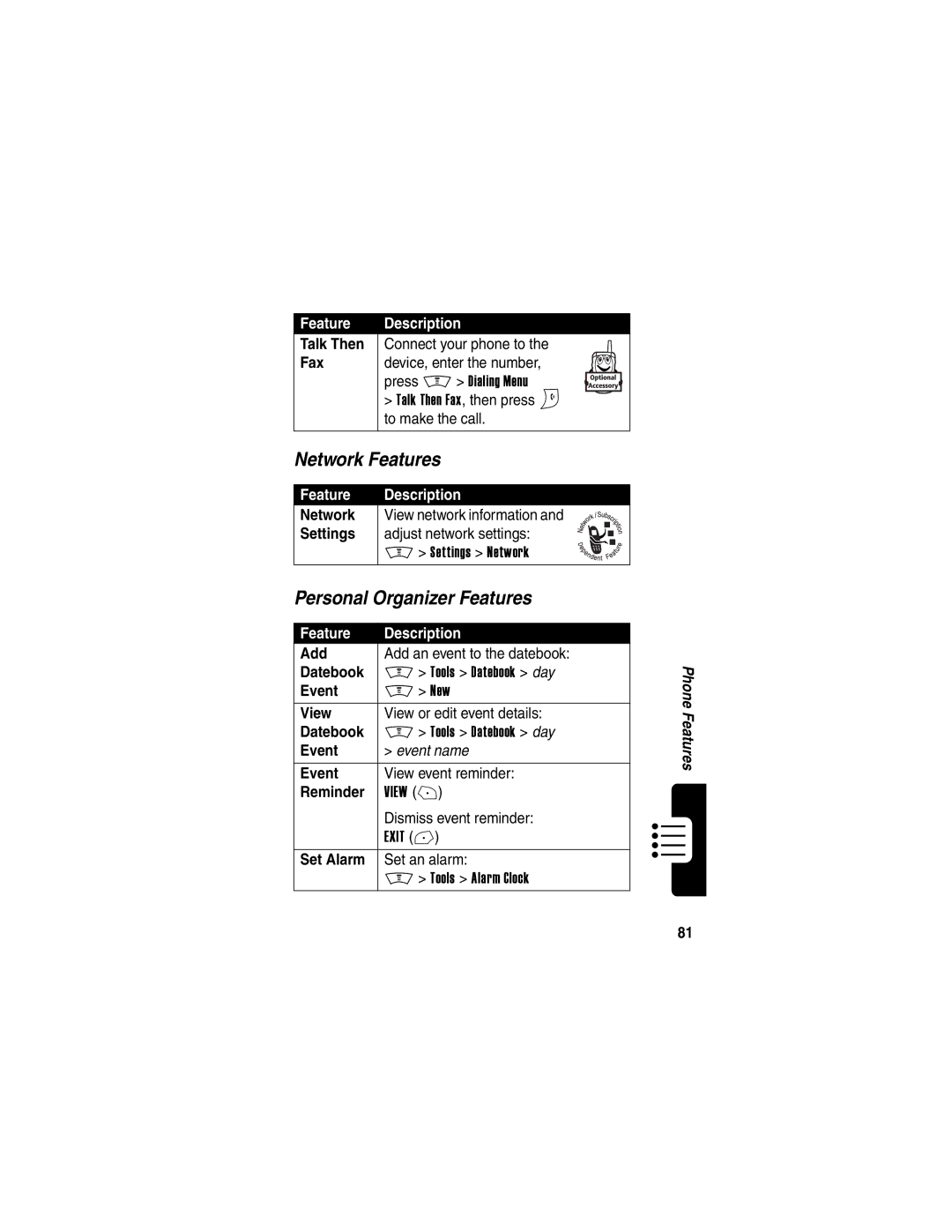 Motorola V300 manual Network Features, Personal Organizer Features 