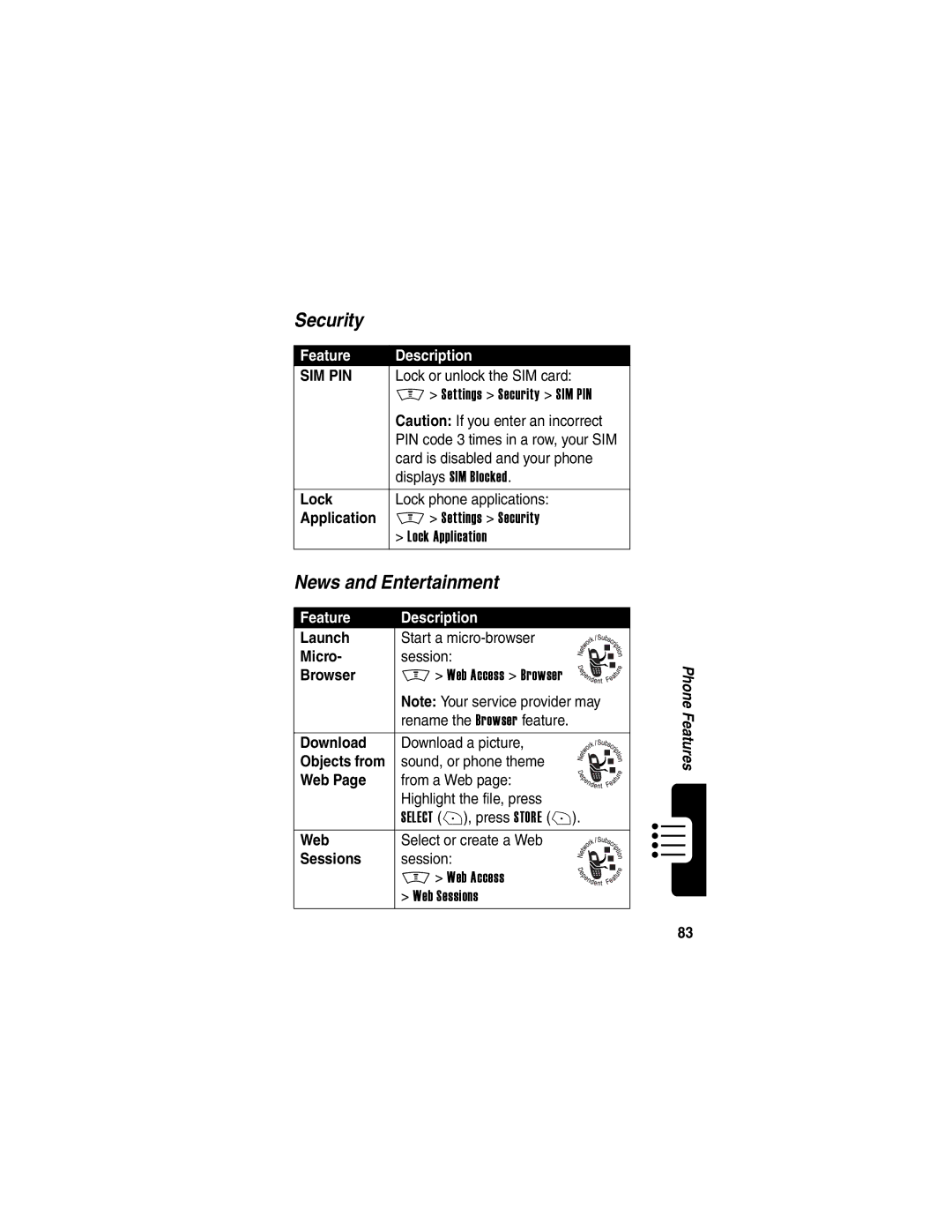 Motorola V300 manual Security, News and Entertainment 