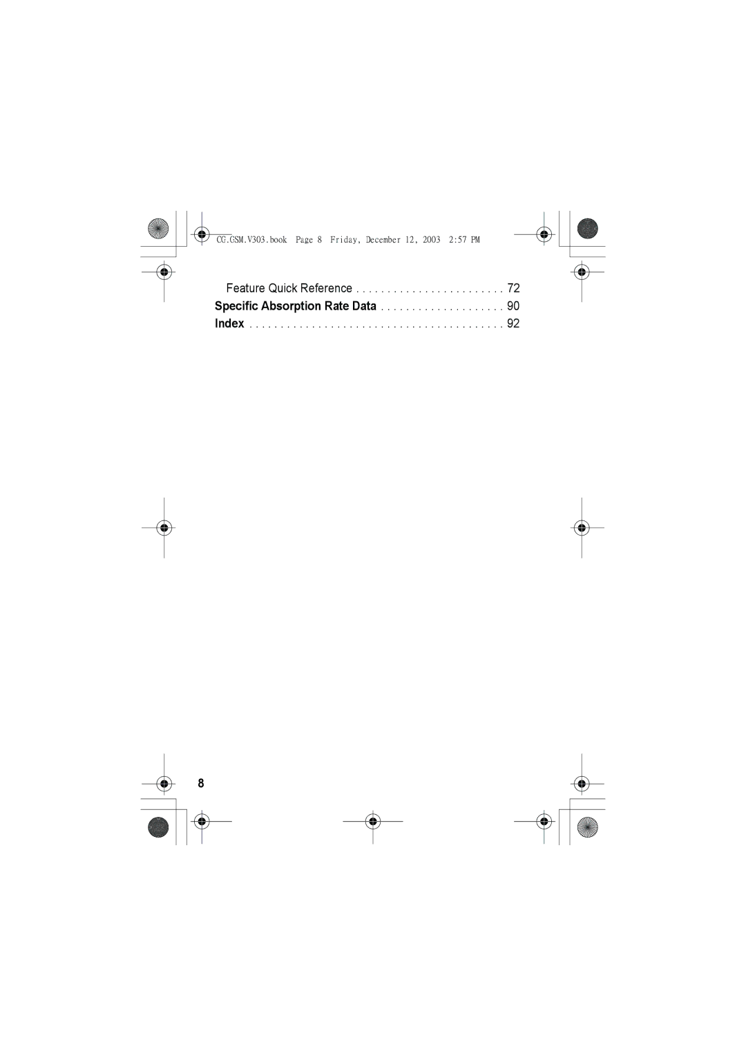 Motorola V303 manual Feature Quick Reference Specific Absorption Rate Data Index 