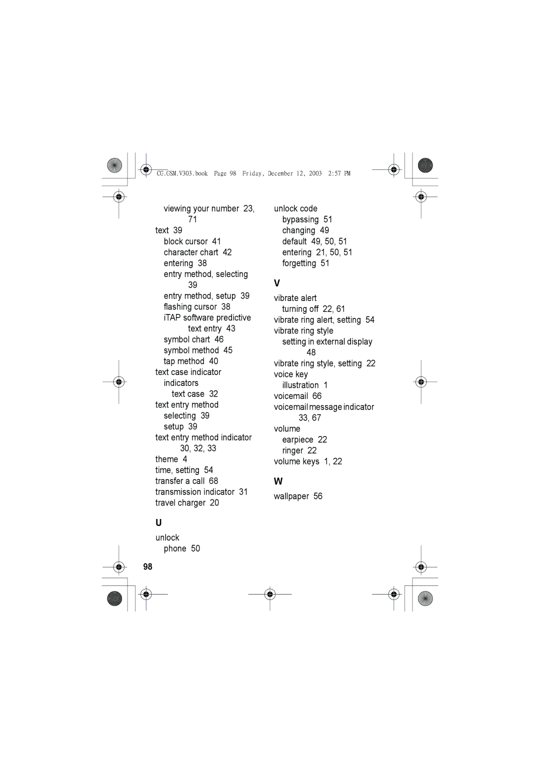 Motorola V303 manual Text entry Symbol chart 46 symbol method 45 tap method, Selecting 39 setup 