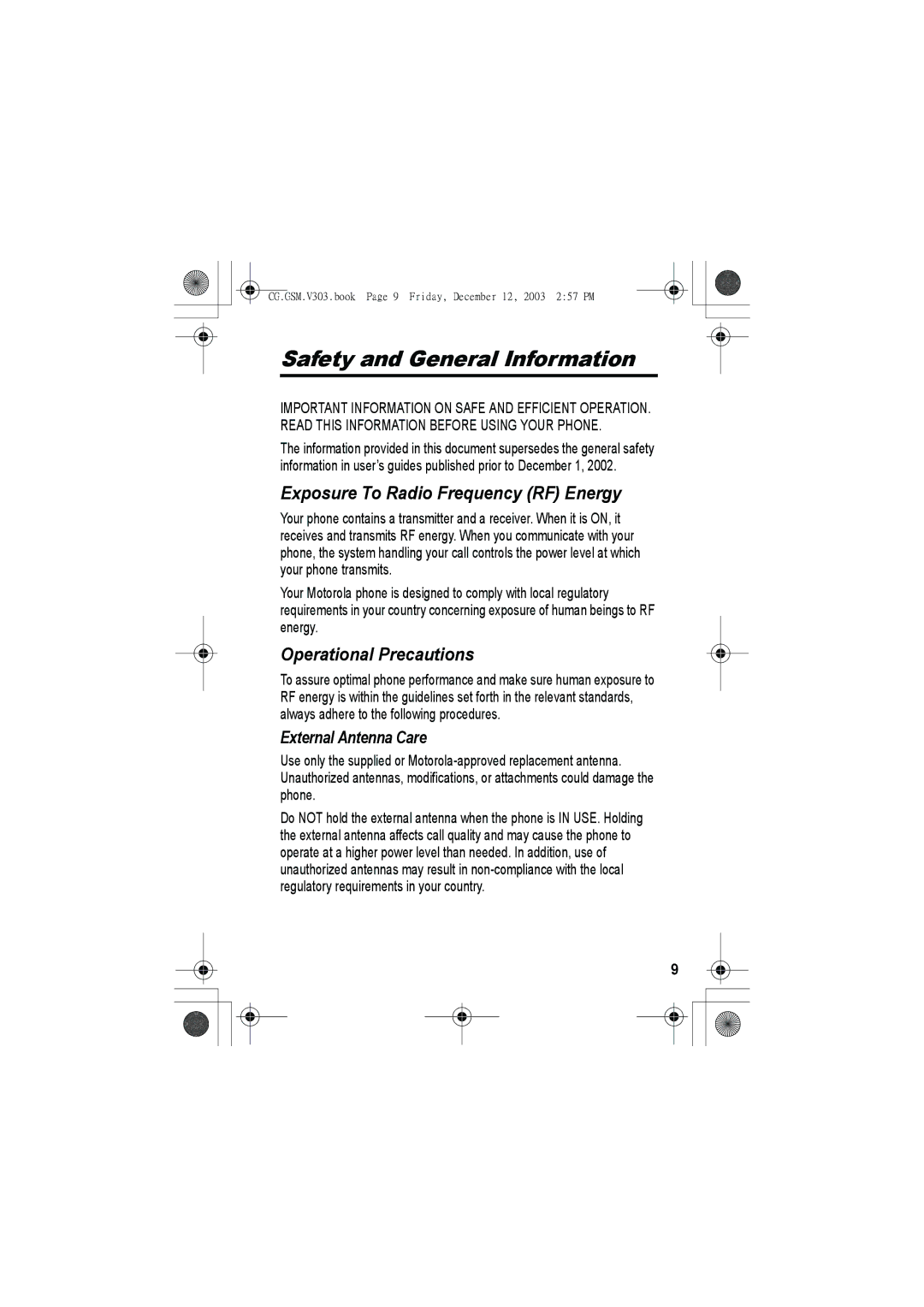 Motorola V303 manual Safety and General Information 