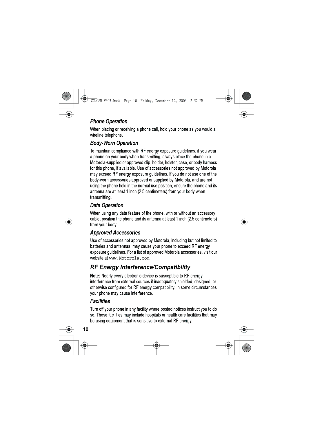 Motorola V303 manual RF Energy Interference/Compatibility 