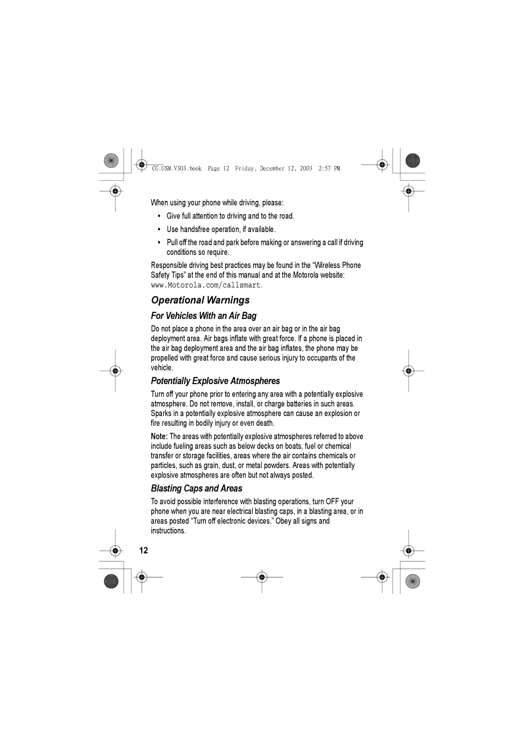 Motorola V303 manual Operational Warnings 