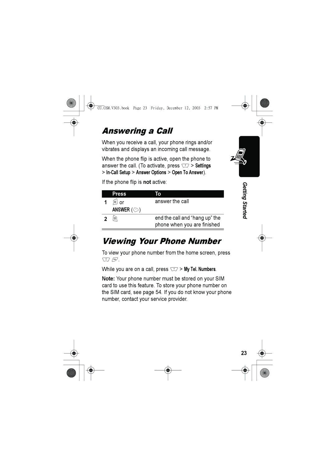 Motorola V303 manual Answering a Call, Viewing Your Phone Number, Nor Answer the call 