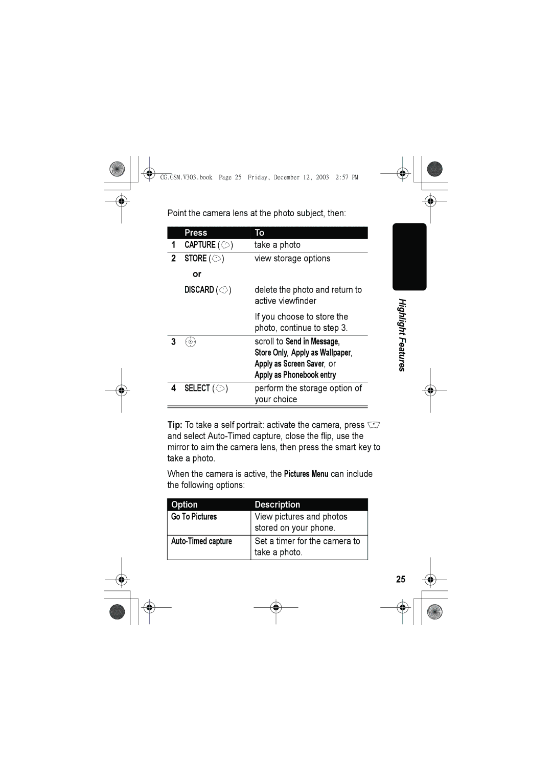 Motorola V303 manual Scroll to Send in Message, Apply as Screen Saver, or, Take a photo 