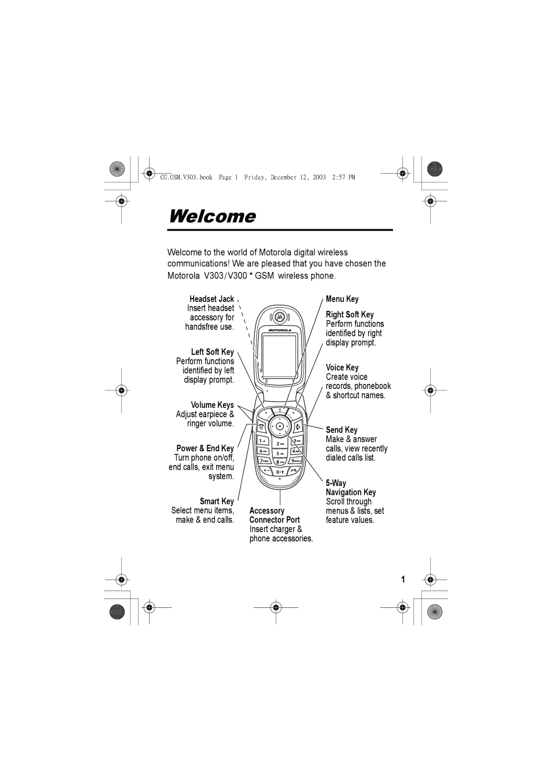 Motorola V303 manual Welcome 