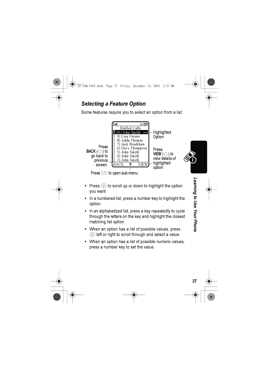 Motorola V303 manual Selecting a Feature Option, Back to, View + to 