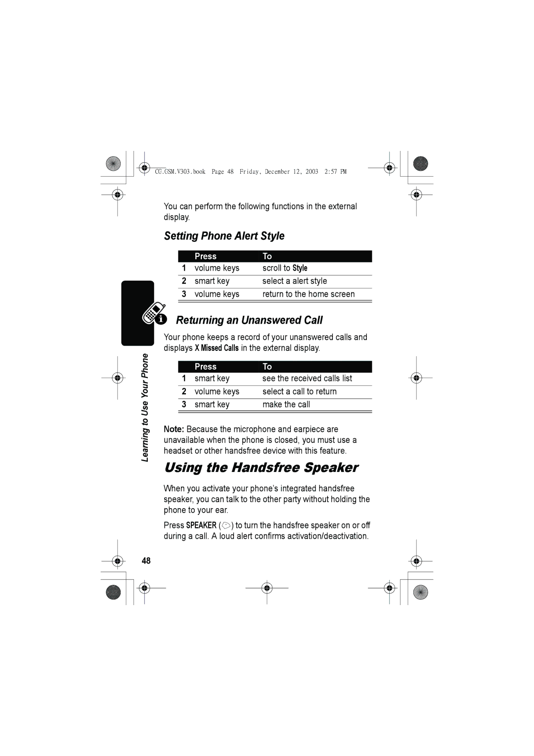 Motorola V303 manual Using the Handsfree Speaker, Setting Phone Alert Style, Returning an Unanswered Call 