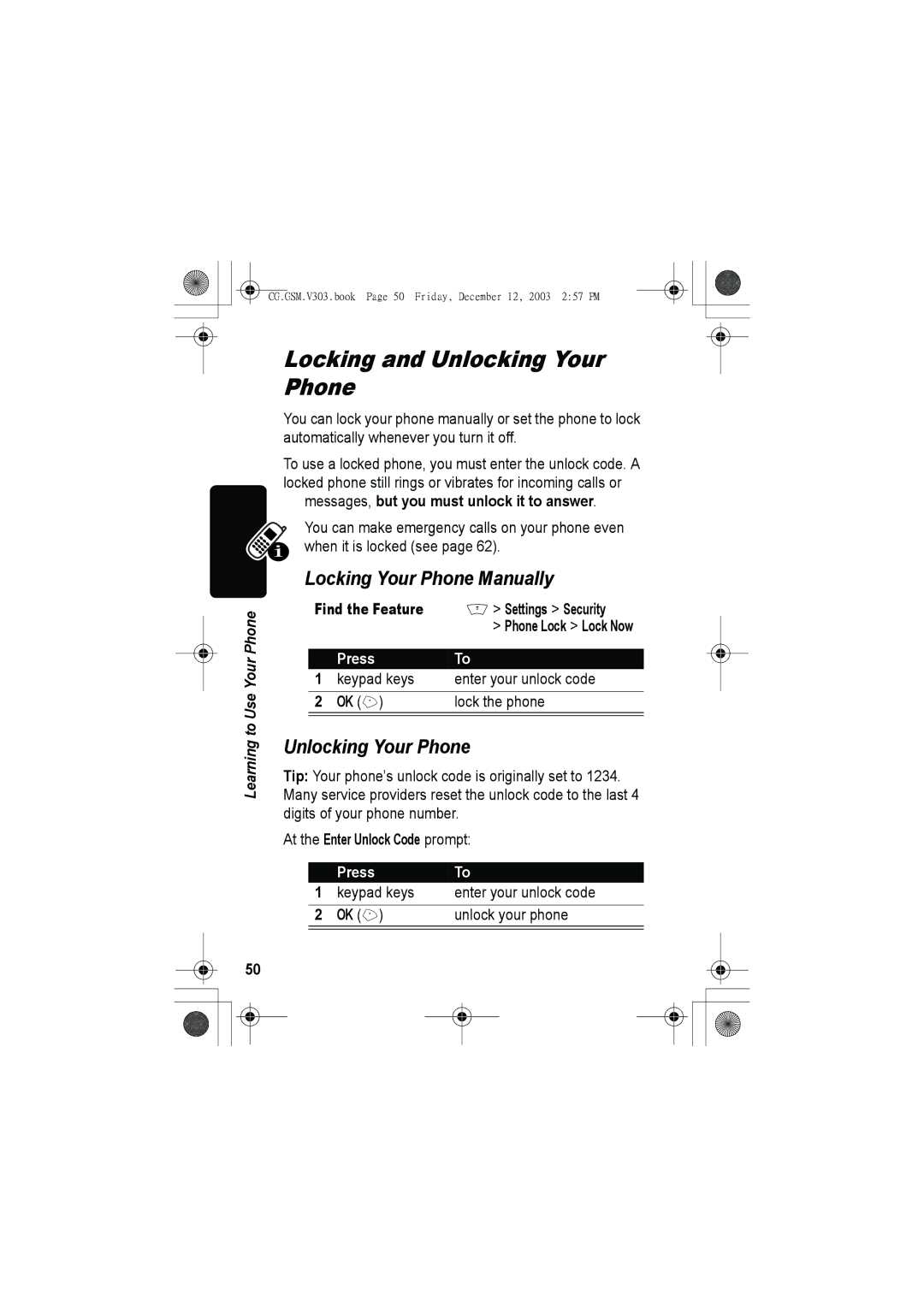 Motorola V303 manual Locking and Unlocking Your Phone, Locking Your Phone Manually 