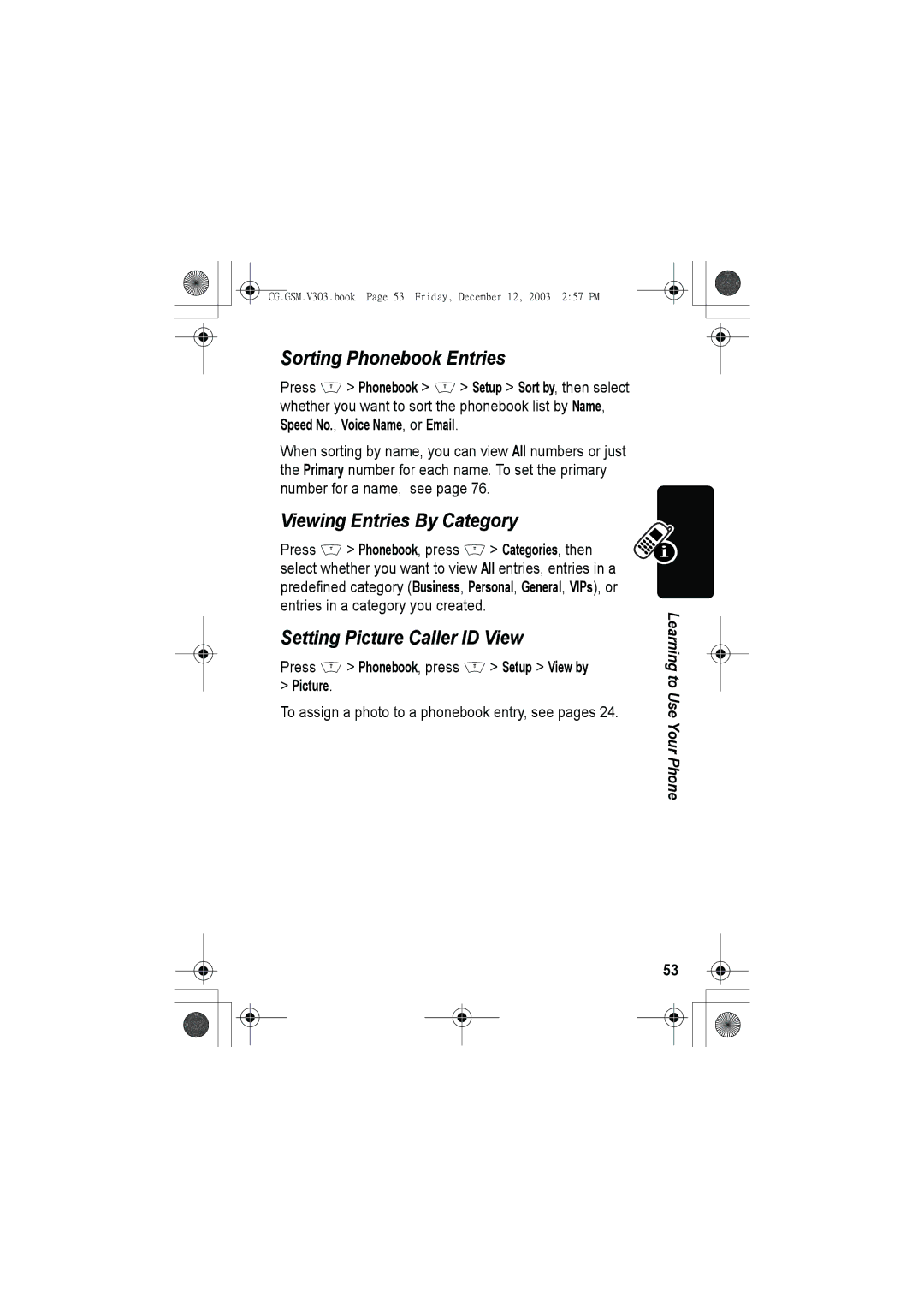 Motorola V303 manual Sorting Phonebook Entries, Viewing Entries By Category, Setting Picture Caller ID View 